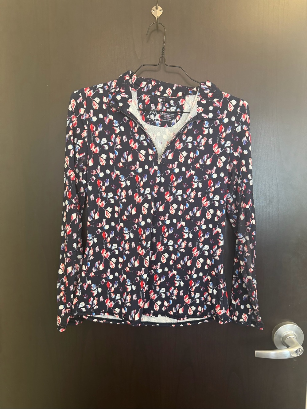 Adari Active Navy Quarter Zip-Front Top with Red & White Petal Print UPF 50